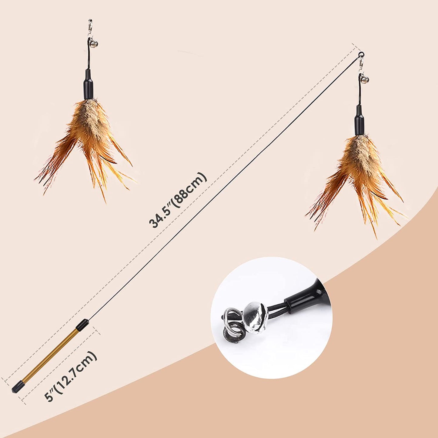 Feather Teaser Cat Toy – Interactive Wand with Natural Brown Feather and Small Bell