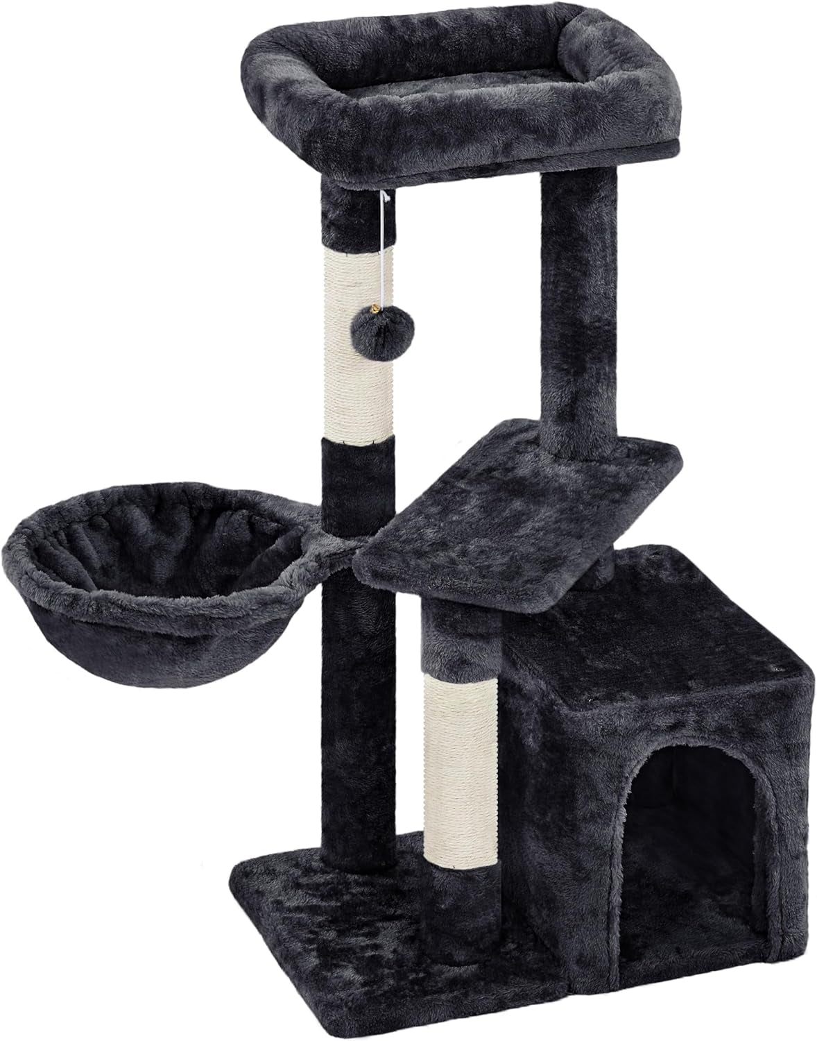 34" Modern Cat Tree Tower with Condo, Basket & Scratching Posts – Black
