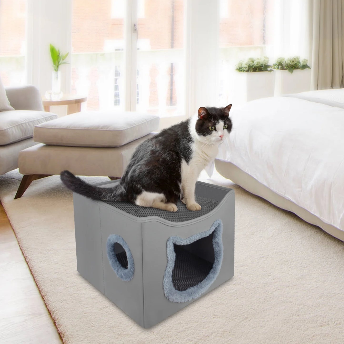 Foldable Cat Cave Bed with Scratching Pad & Two Cushions