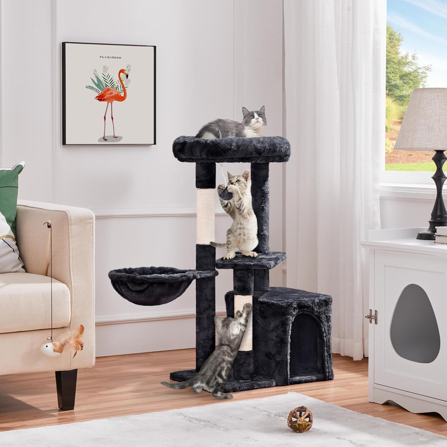34" Modern Cat Tree Tower with Condo, Basket & Scratching Posts – Black