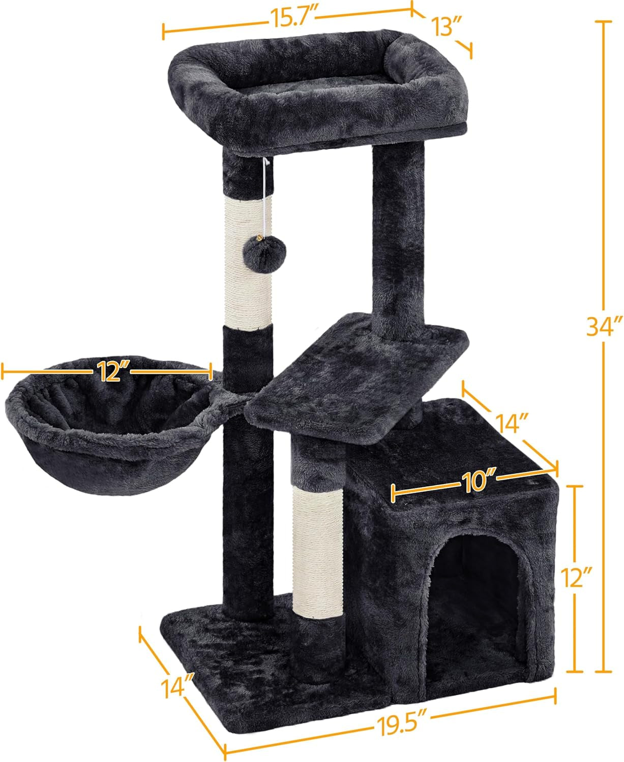 34" Modern Cat Tree Tower with Condo, Basket & Scratching Posts – Black
