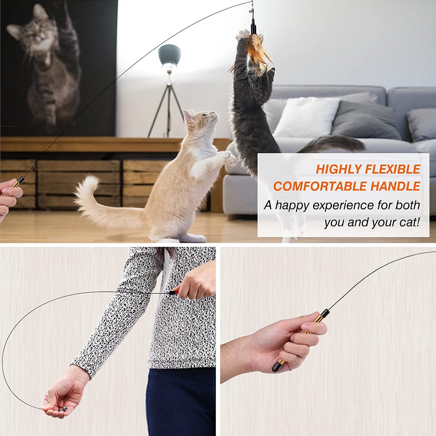 Feather Teaser Cat Toy – Interactive Wand with Natural Brown Feather and Small Bell