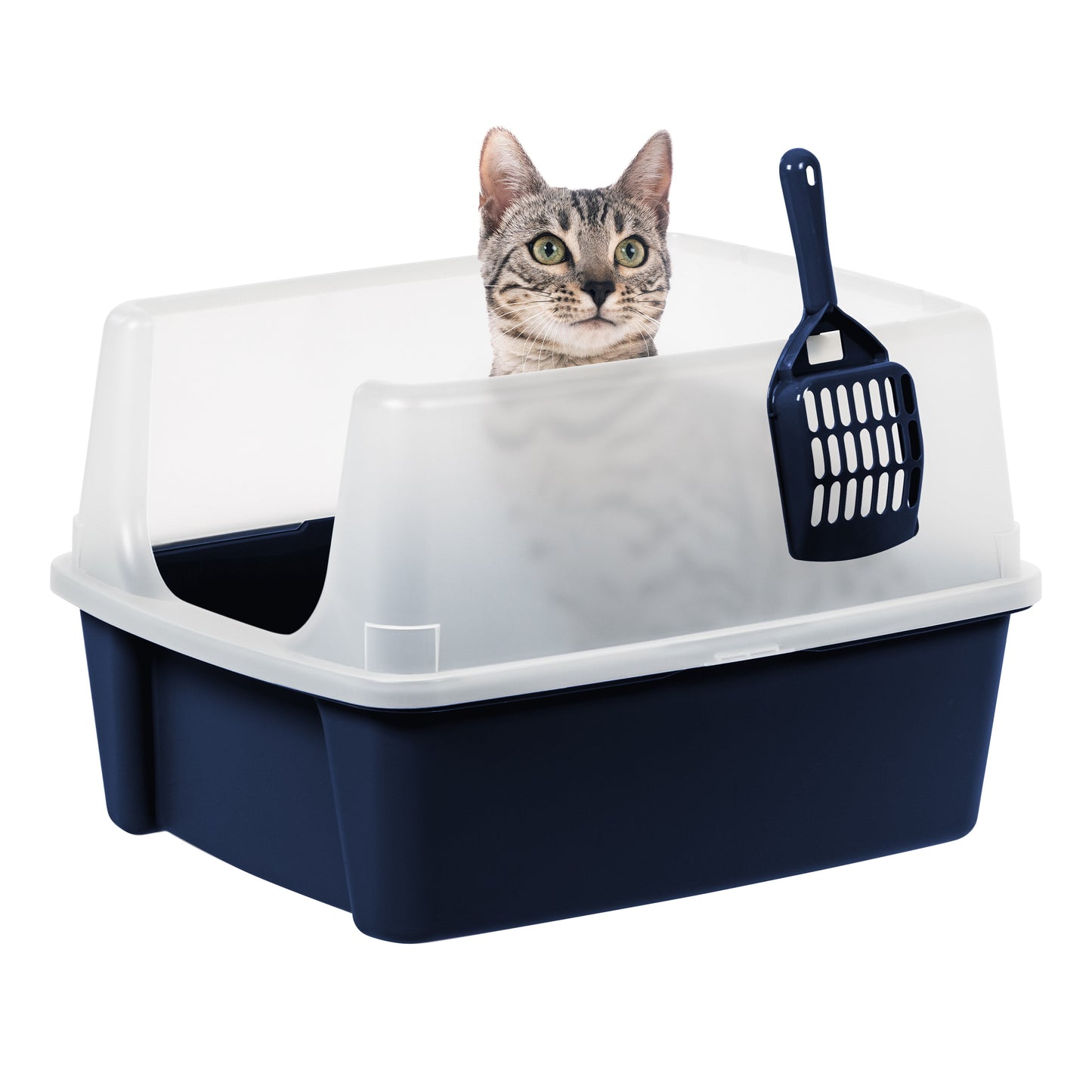 High-Sided Open-Top Cat Litter Box with Shield and Scoop – Navy