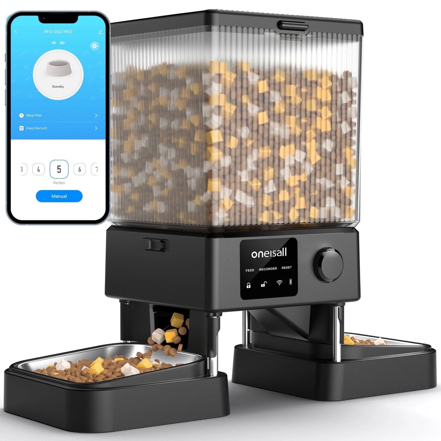 Oneisall Automatic Cat Food Dispenser – 5L Smart Feeder with Wi-Fi & Dual Bowls