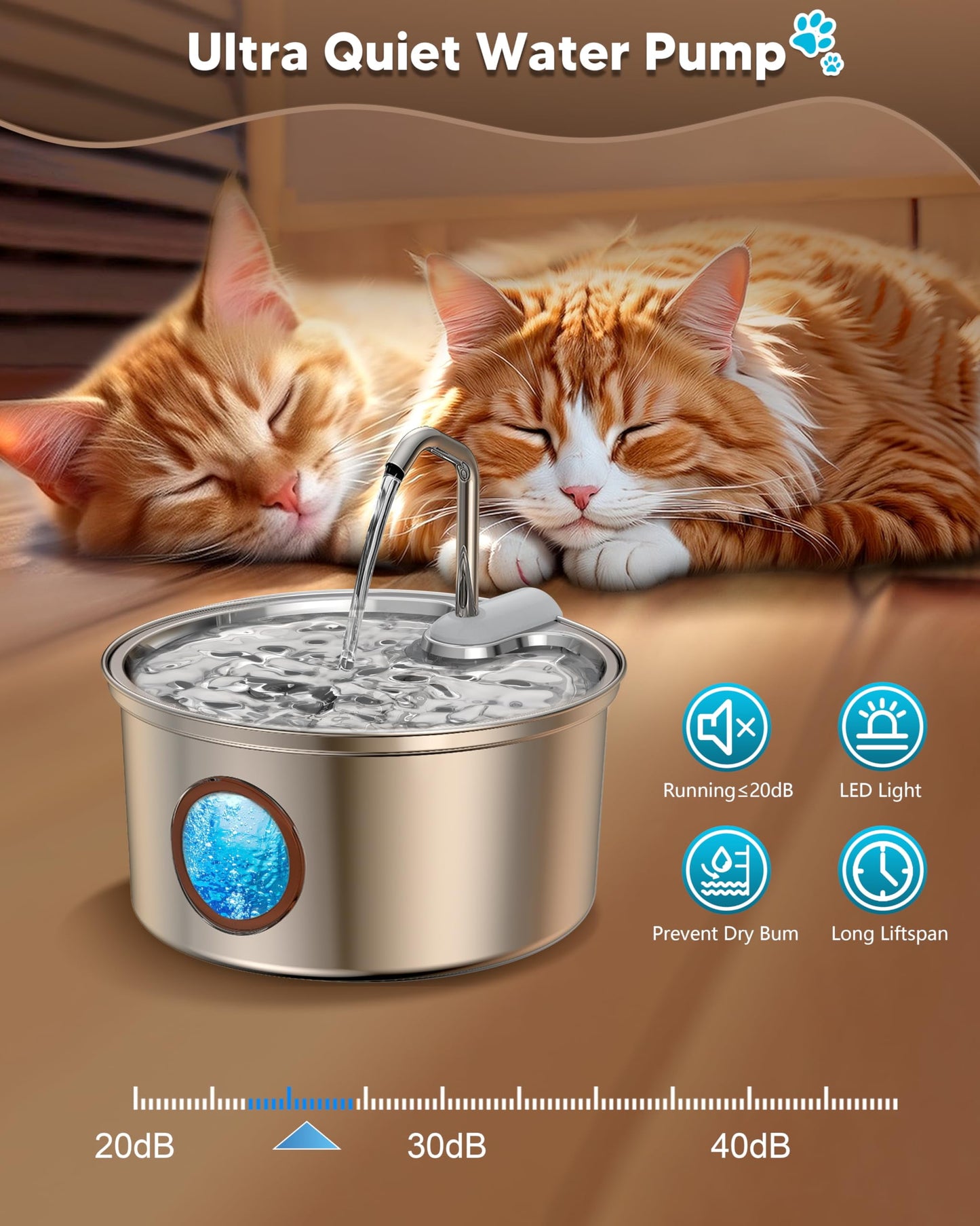 AGEETXT Stainless Steel Cat Water Fountain – 3.2L / 108oz Automatic Pet Water Dispenser