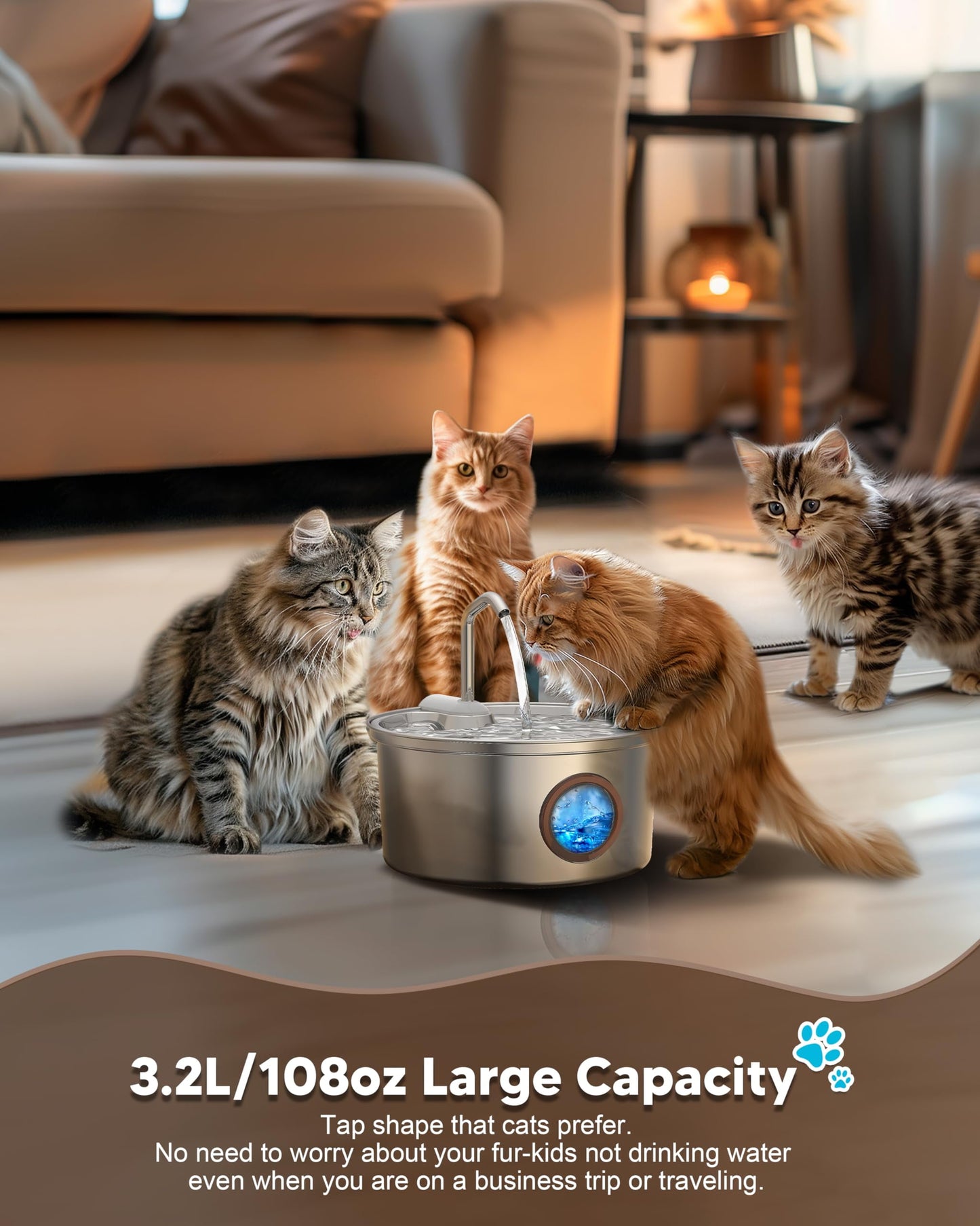 AGEETXT Stainless Steel Cat Water Fountain – 3.2L / 108oz Automatic Pet Water Dispenser