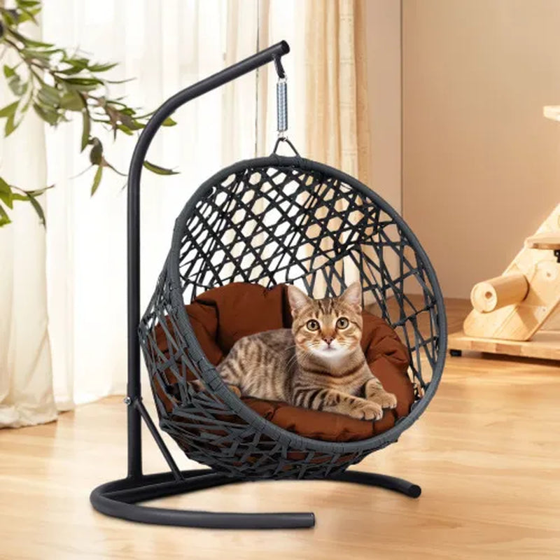 Cat Swing Bed with Stand and Cushion, Indoor Rattan Wicker Hanging Chair