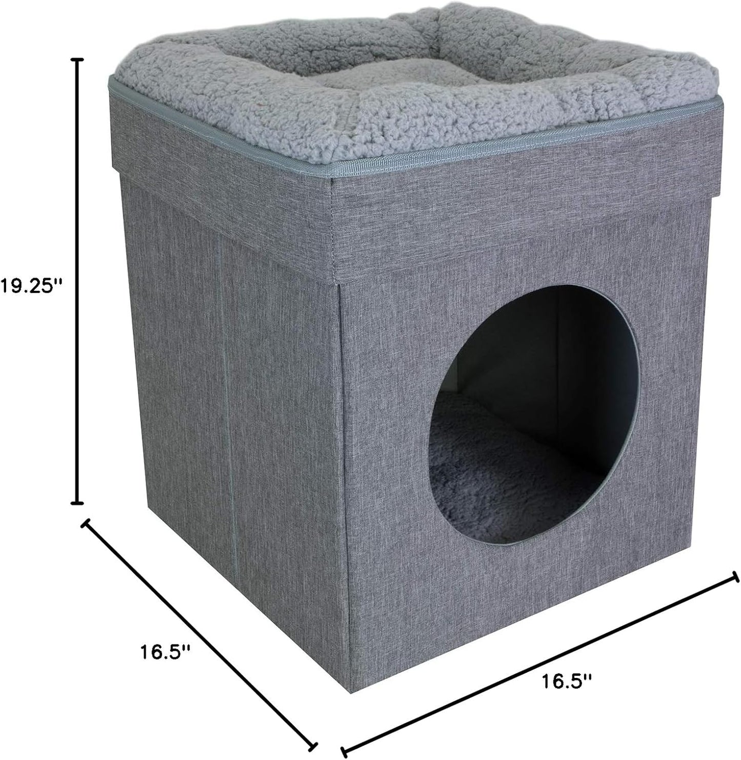 Indoor Cat Cube Furniture – Gray Cat Condo with Washable Cushion (16.5" x 16.5" x 19.25")