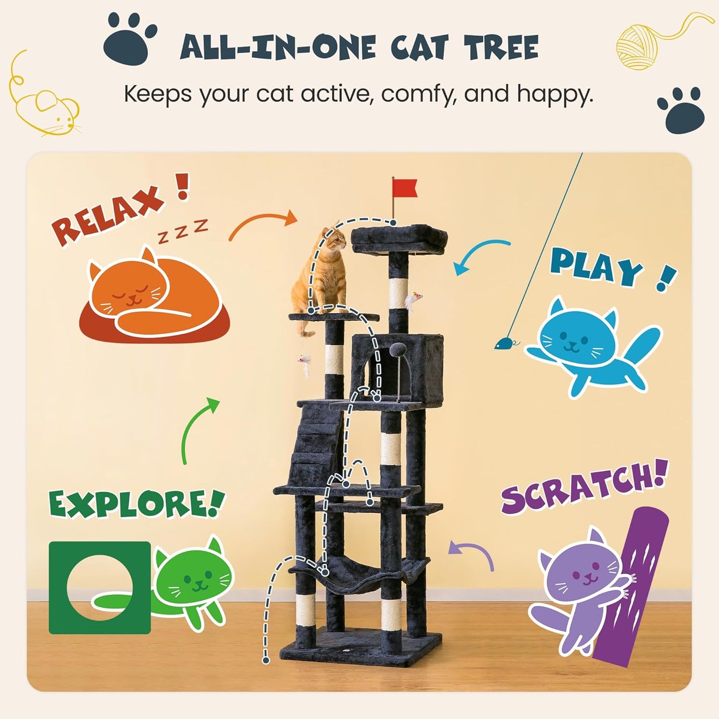 63.8-Inch Multi-Level Cat Tree Tower for your furry friend(s) – With Scratching Posts, Condo, Hammock & Perch (Smoky Gray)