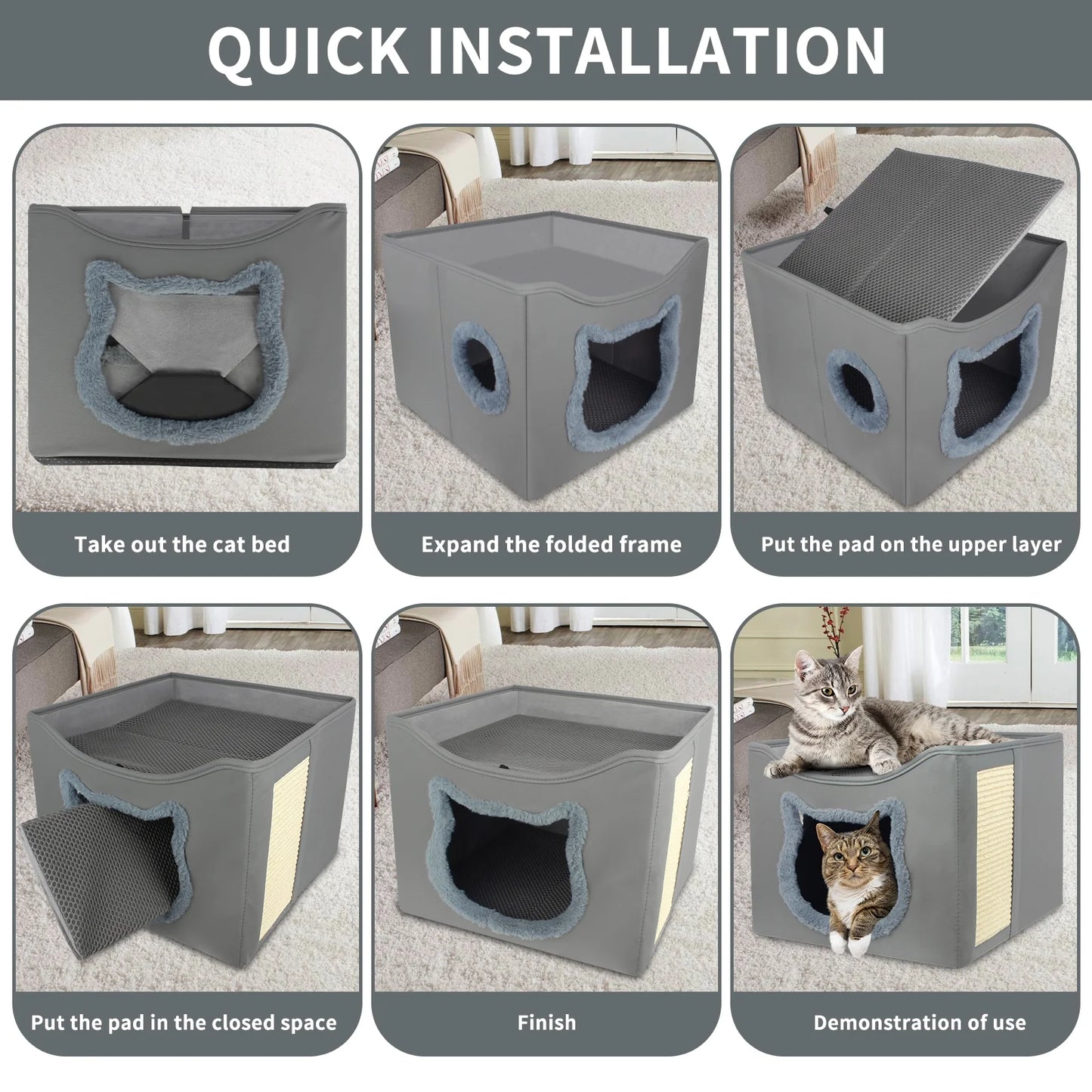 Foldable Cat Cave Bed with Scratching Pad & Two Cushions