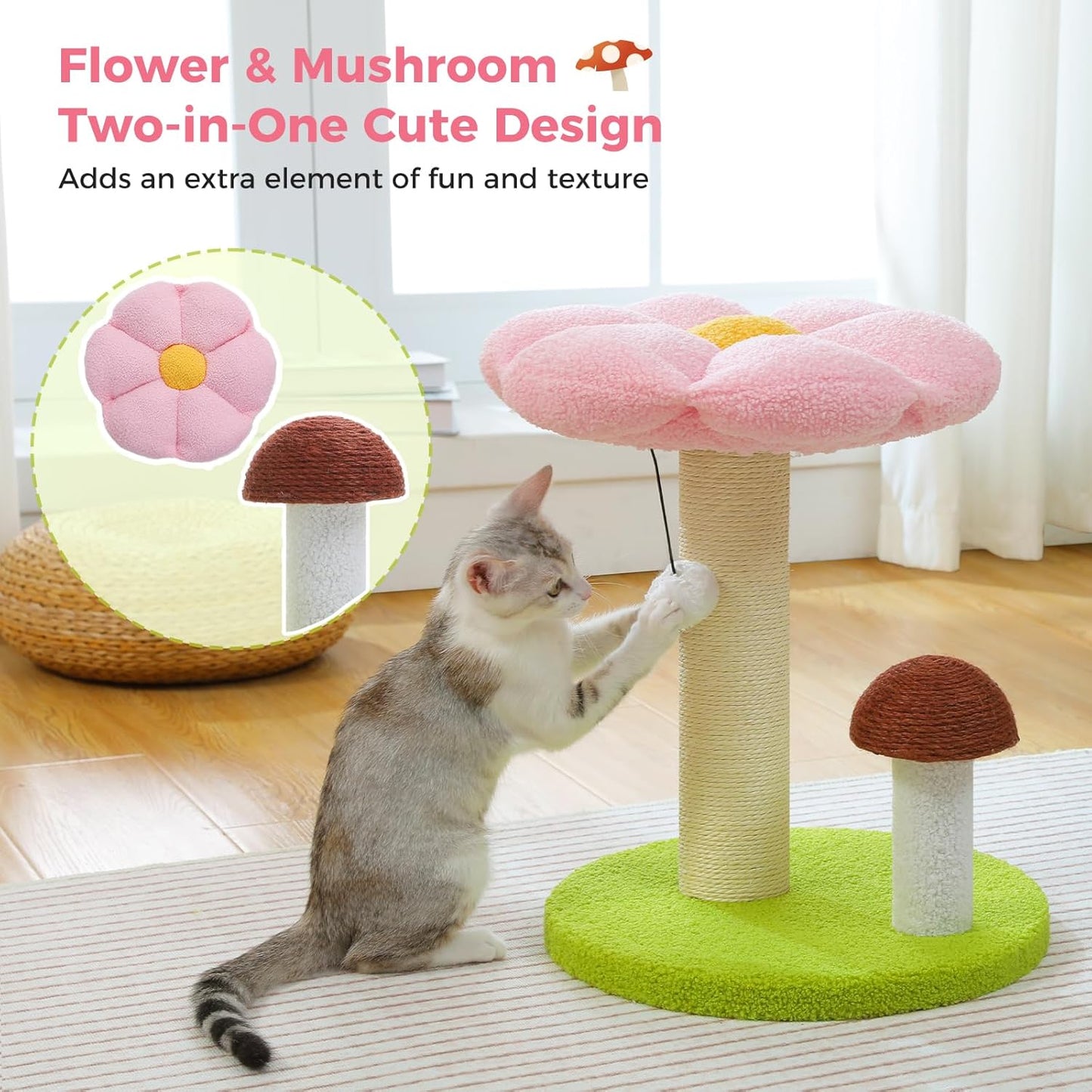 Mushroom & Flower Cat Scratching Post with Removable Bed – Cute Cat Tree Tower for Kittens & Indoor Cats