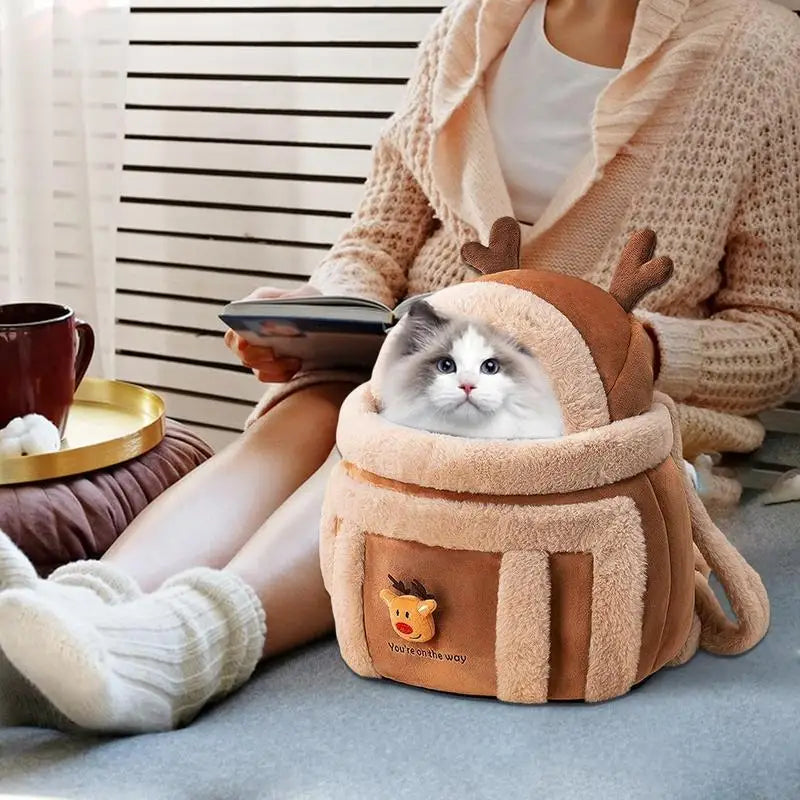 Cozy Plush Winter Pet Carrier Backpack for Small Cats - Perfect for Outdoor Travel!