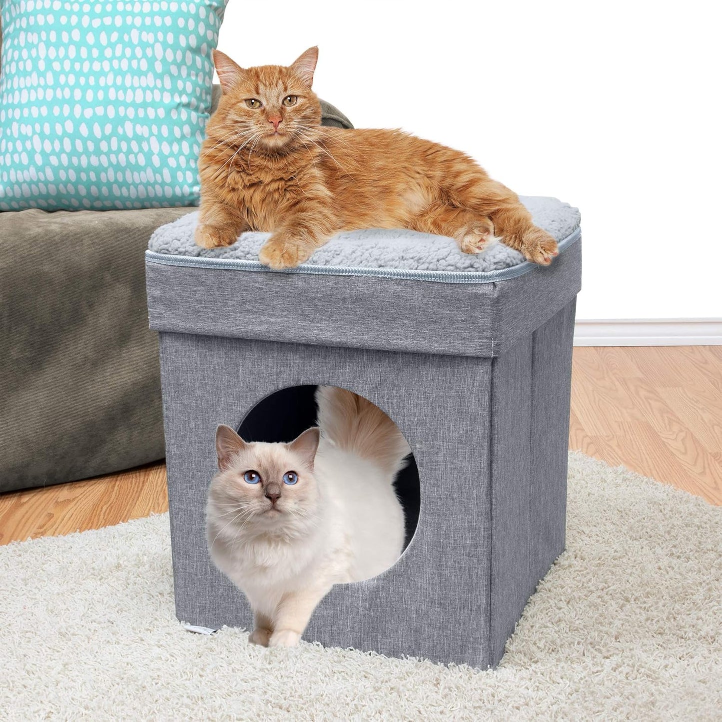 Indoor Cat Cube Furniture – Gray Cat Condo with Washable Cushion (16.5" x 16.5" x 19.25")