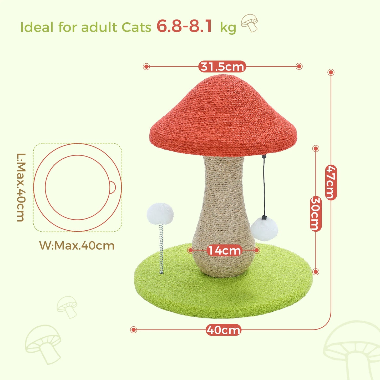 Mushroom Cat Scratching Post with Sisal Cover & Pompom Toys