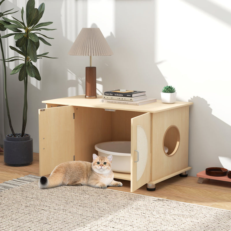 Cat Litter Box Enclosure with Sisal Scratching Doors & Adjustable Metal Feet