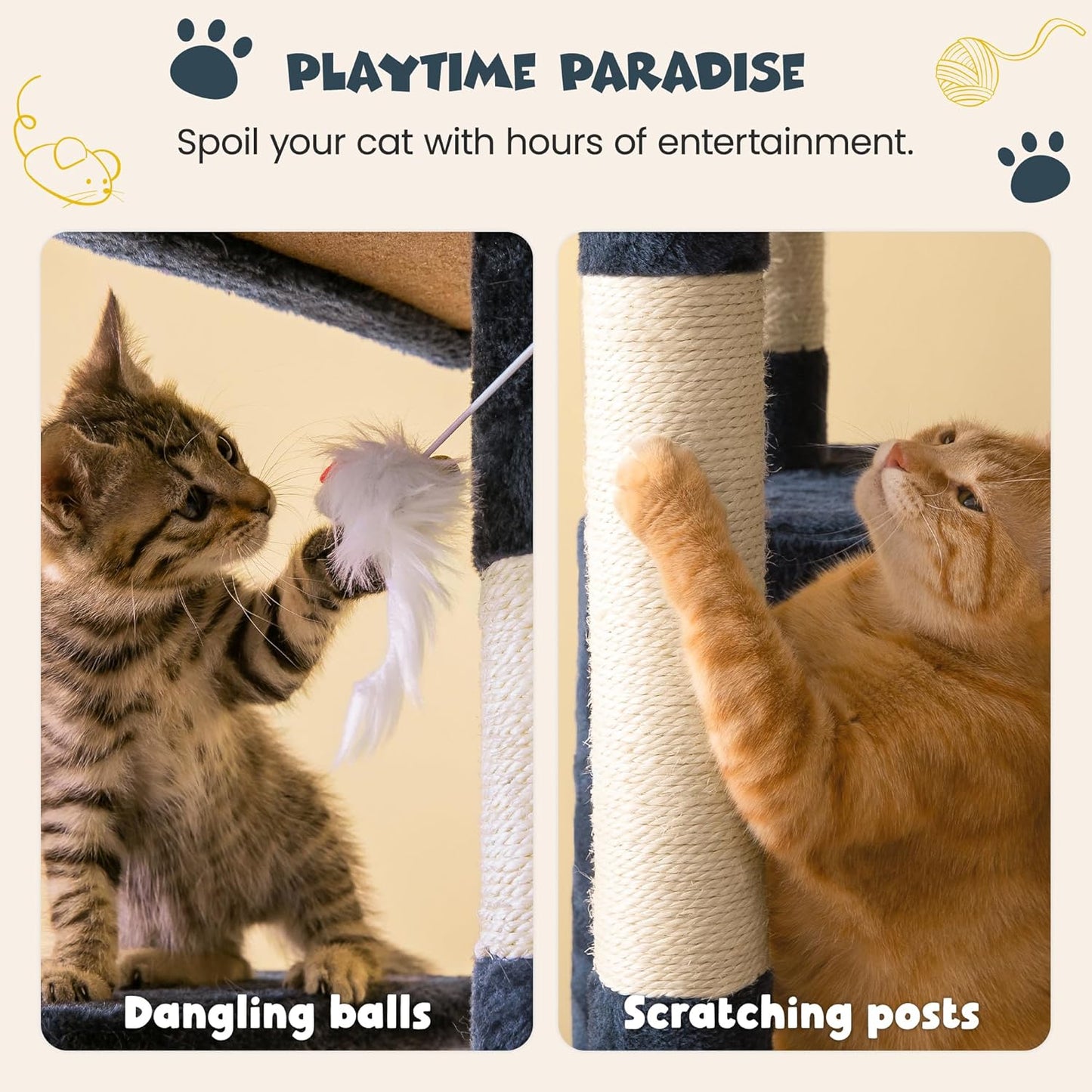63.8-Inch Multi-Level Cat Tree Tower for your furry friend(s) – With Scratching Posts, Condo, Hammock & Perch (Smoky Gray)
