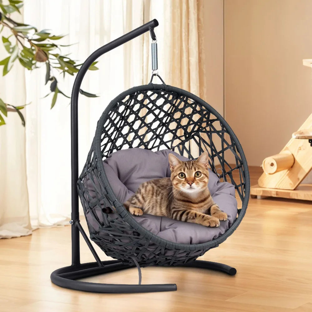 Cat Swing Bed with Stand and Cushion, Indoor Rattan Wicker Hanging Chair