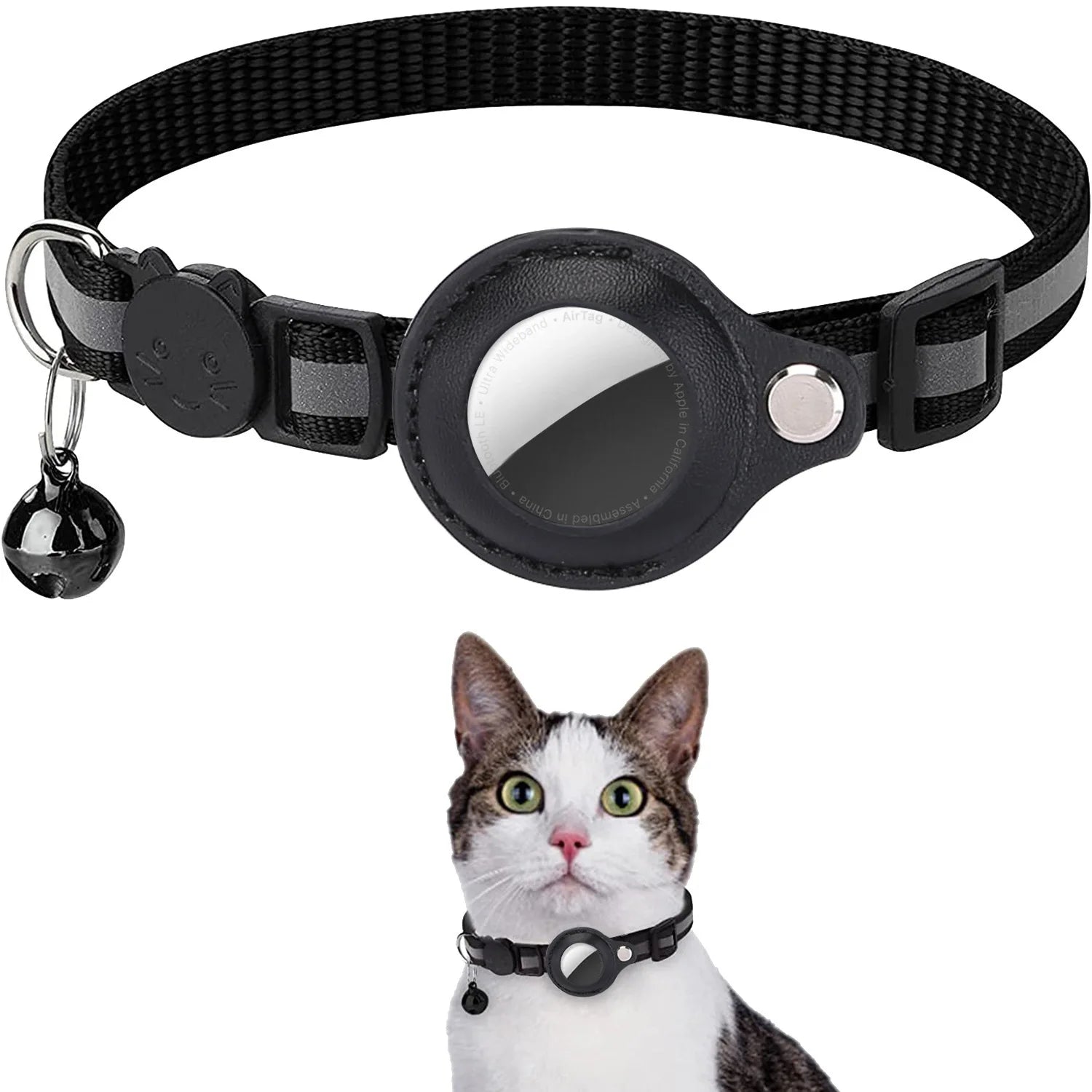 Adjustable Cat AirTag Collar with Breakaway Buckle, Reflective Strips, Waterproof Holder & Bell