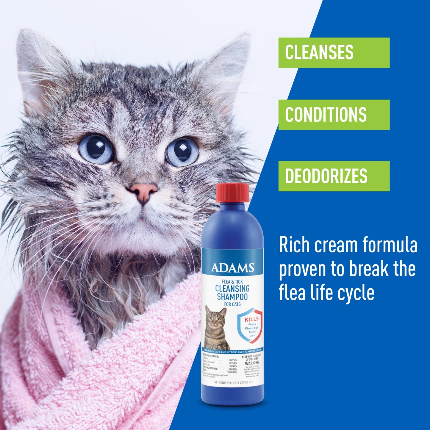Flea & Tick Cleansing Shampoo for Cats and Kittens - Unscented Treatment, 12 Ounces