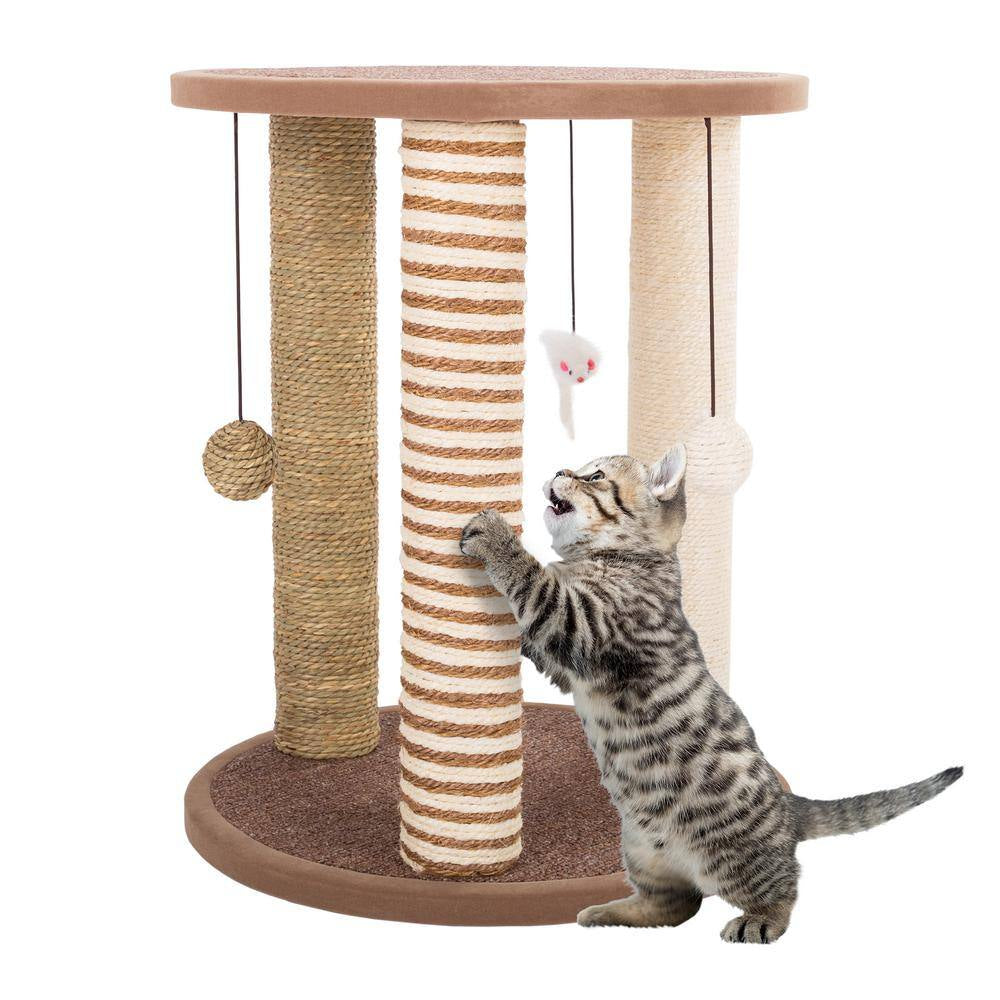 Tan and Cream 3-Pole Cat Scratching Post with Perch