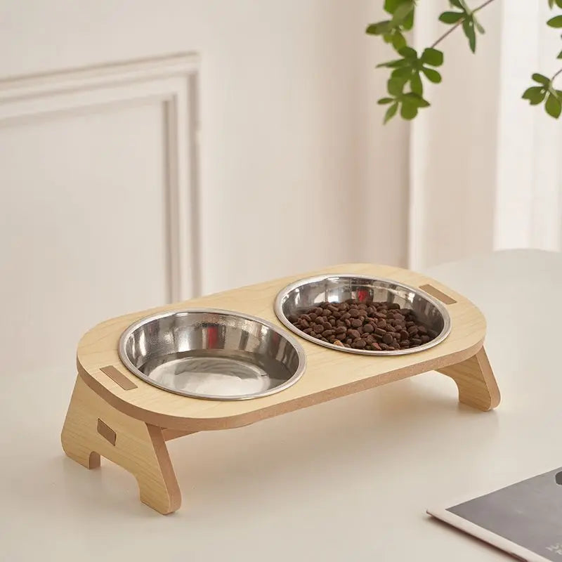 Double Plate Cat Bowl with Elevated Wooden Stand