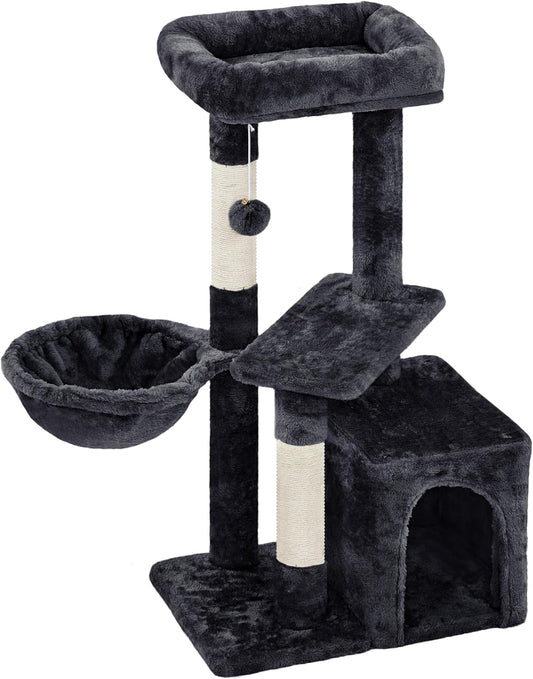 34" Modern Cat Tree Tower with Condo, Basket & Scratching Posts – Black