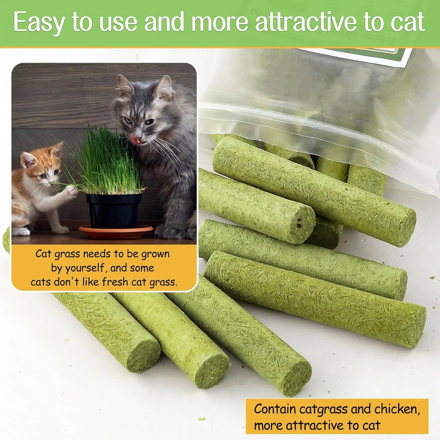 Natural Cat Grass Teething Sticks - 50g Edible Treats for Dental Care & Hairball Relief