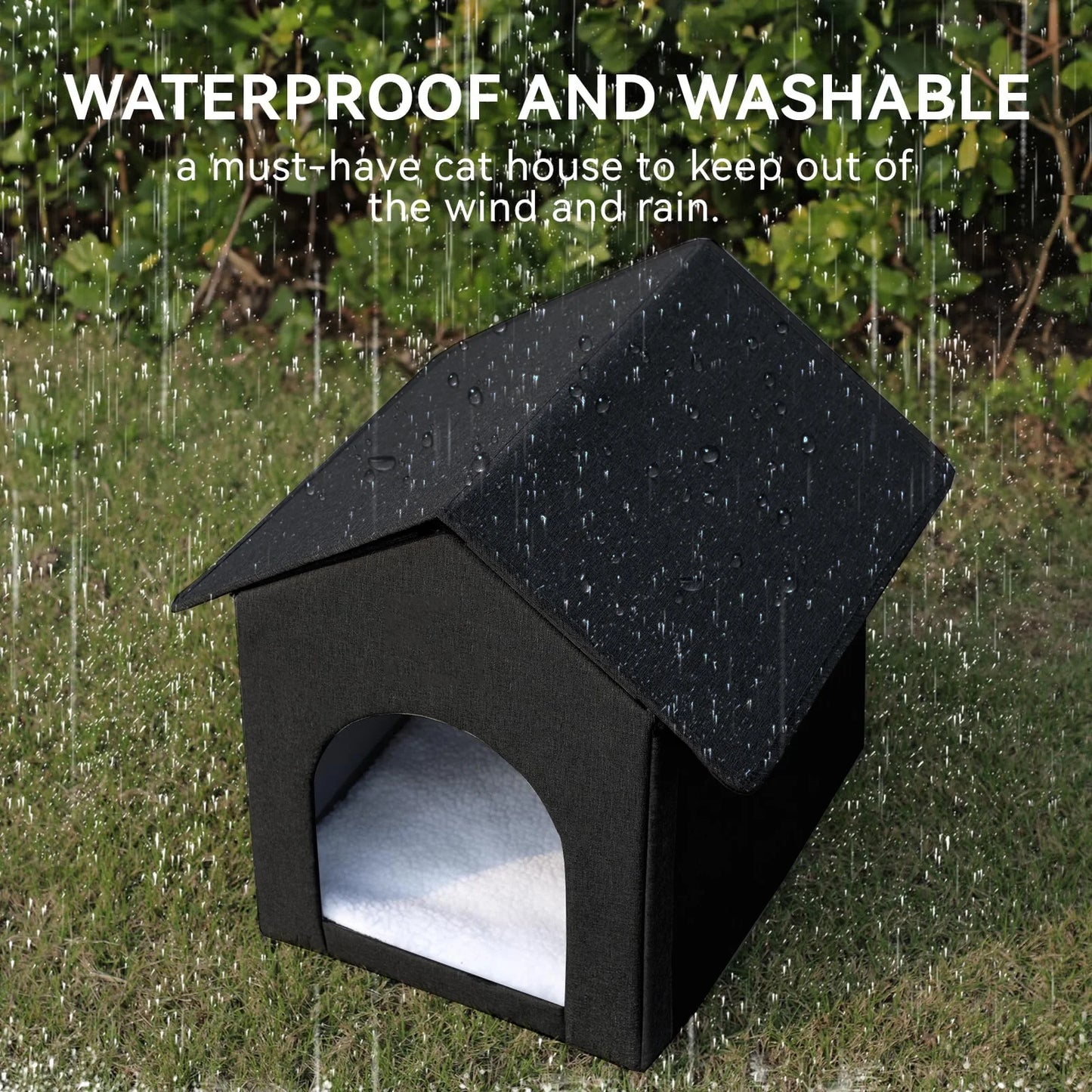 Waterproof Outdoor Cat House with Removable Cushion – 17" x 13" x 17" – All-Season Pet Shelter for Cats (Black)