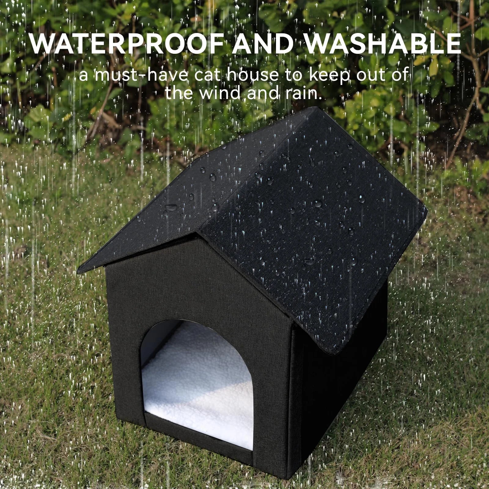 Waterproof Outdoor Cat House with Removable Cushion – 17" x 13" x 17" – All-Season Pet Shelter for Cats (Black)