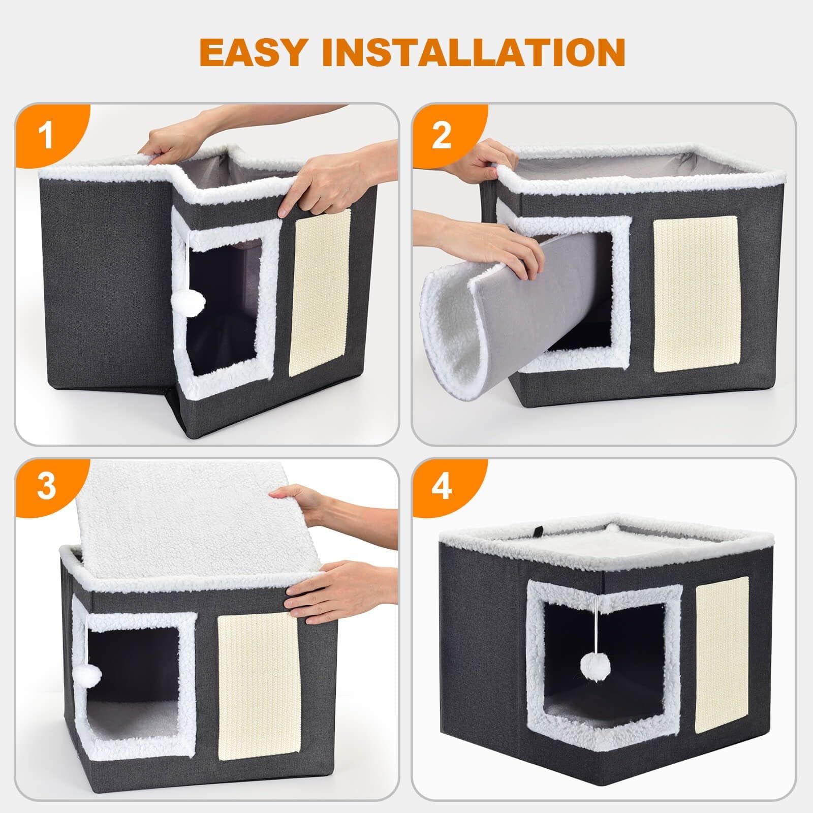 Modern Covered Cat House with Scratch Pad – Cozy Hideaway Cube Bed for Indoor Cats & Kittens