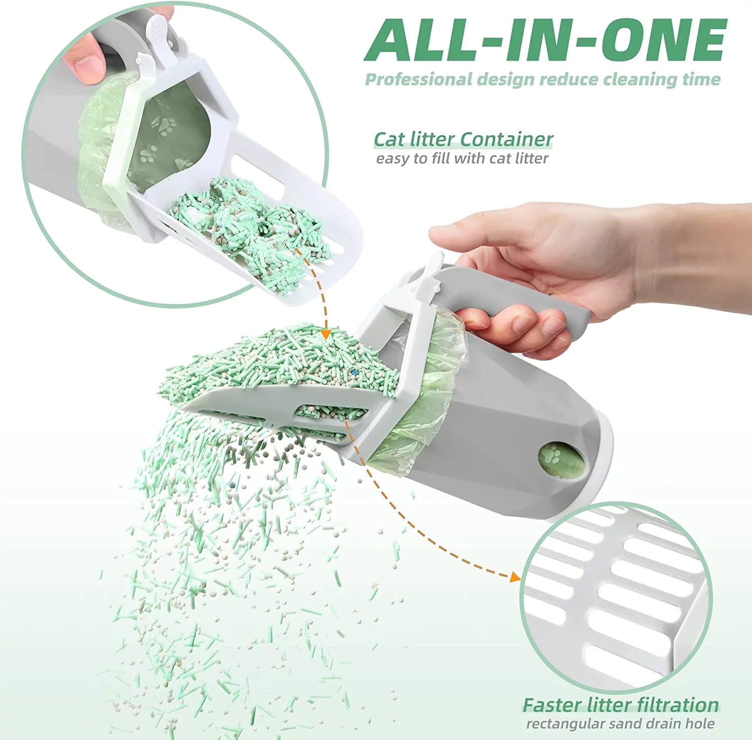 3-in-1 Cat Litter Scoop with Holder – Large Portable Scooper with 200 Refill Bags (Gray)