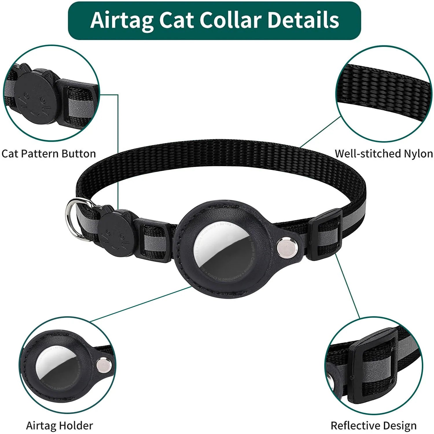 Adjustable Cat AirTag Collar with Breakaway Buckle, Reflective Strips, Waterproof Holder & Bell
