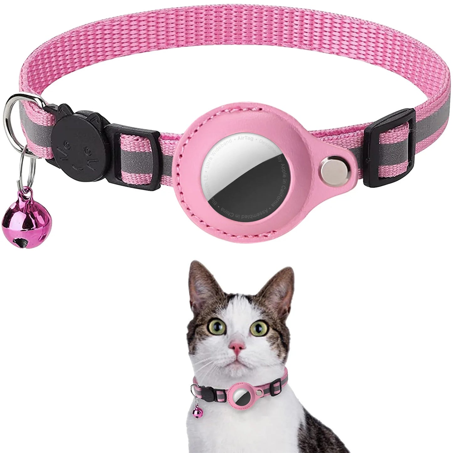 Adjustable Cat AirTag Collar with Breakaway Buckle, Reflective Strips, Waterproof Holder & Bell