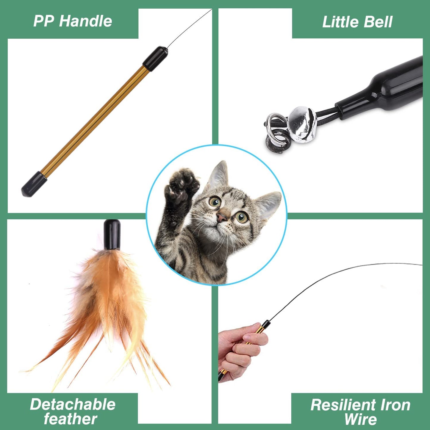 Feather Teaser Cat Toy – Interactive Wand with Natural Brown Feather and Small Bell