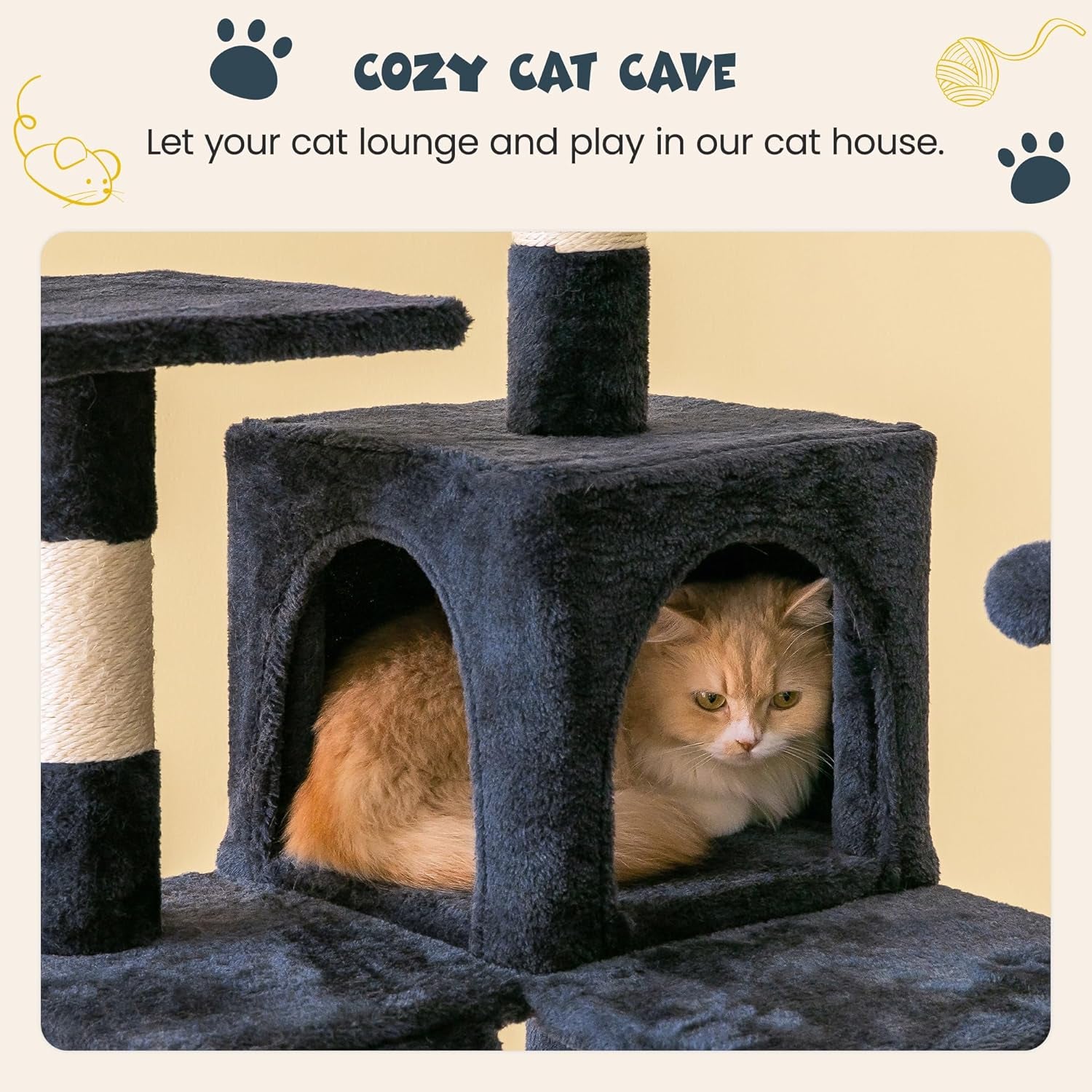 63.8-Inch Multi-Level Cat Tree Tower for your furry friend(s) – With Scratching Posts, Condo, Hammock & Perch (Smoky Gray)
