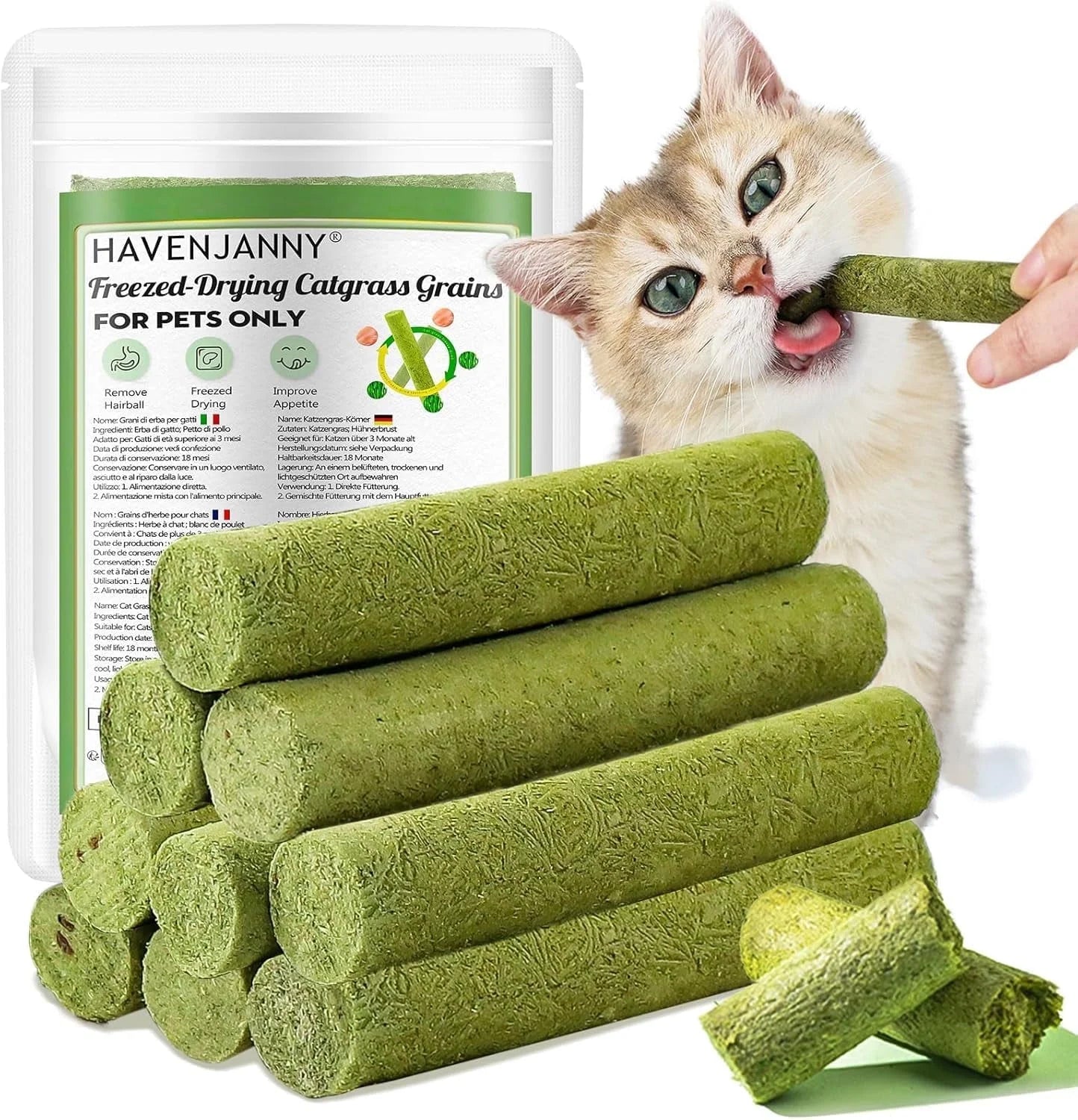 Natural Cat Grass Teething Sticks - 50g Edible Treats for Dental Care & Hairball Relief