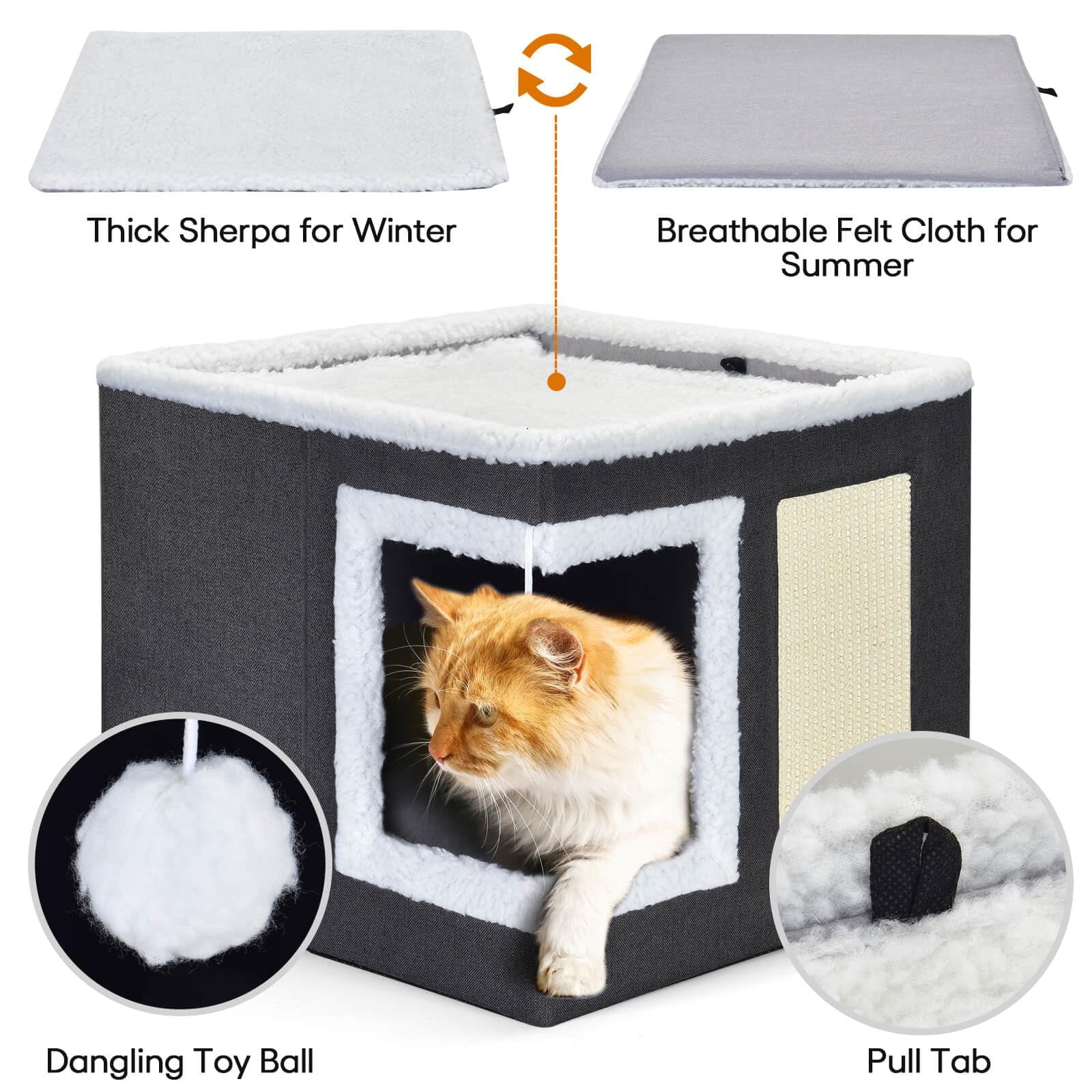 Modern Covered Cat House with Scratch Pad – Cozy Hideaway Cube Bed for Indoor Cats & Kittens