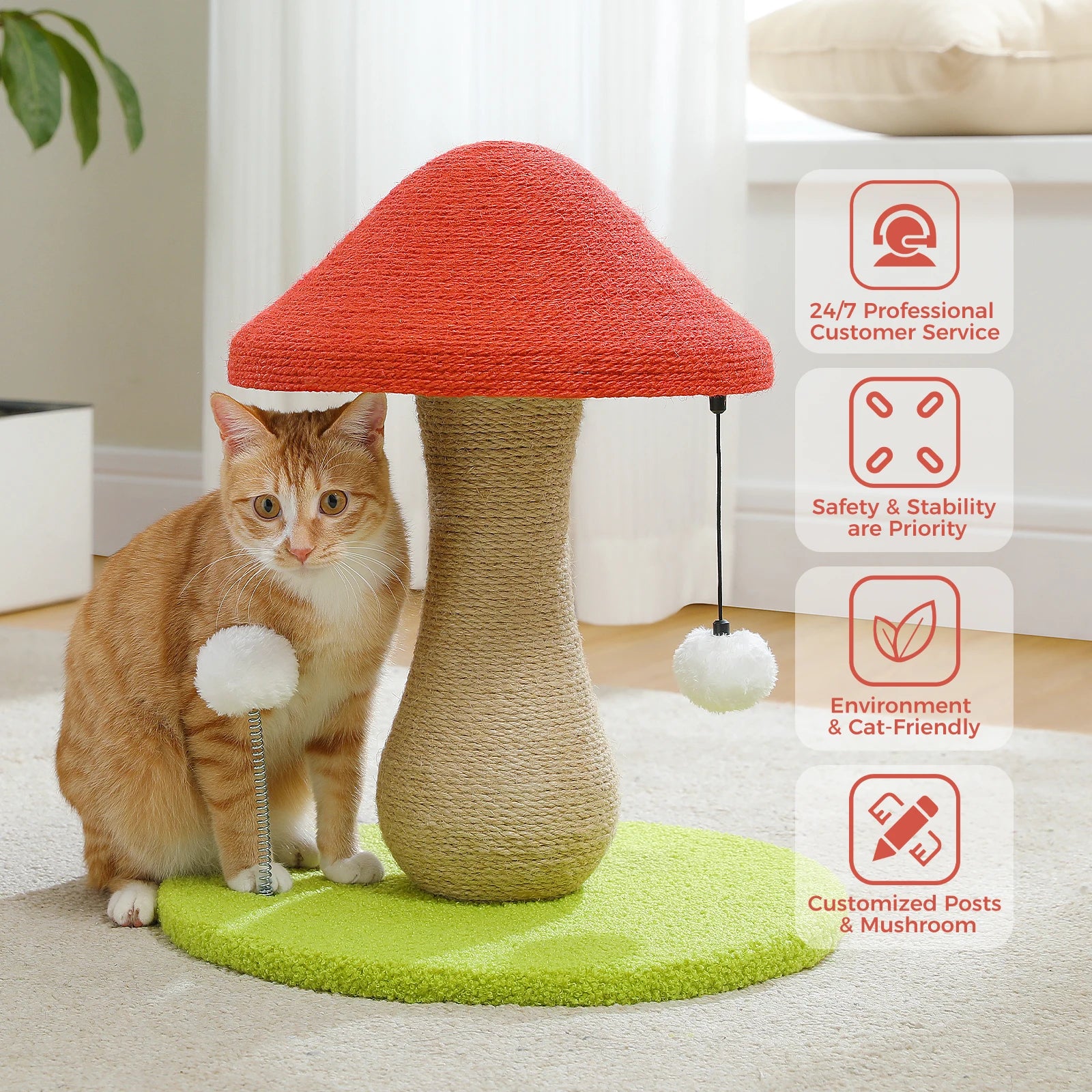 Mushroom Cat Scratching Post with Sisal Cover & Pompom Toys