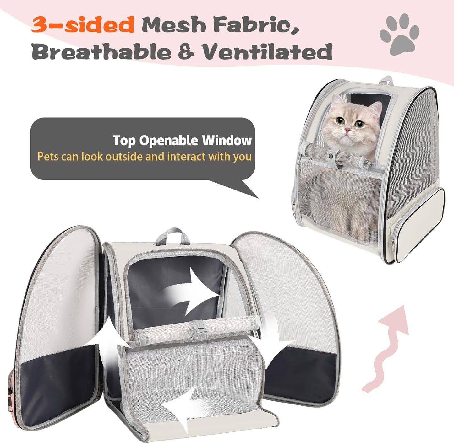 Airline Approved Cat Backpack Carrier - Ventilated Design, Perfect for Hiking & Travel (Creamy White)