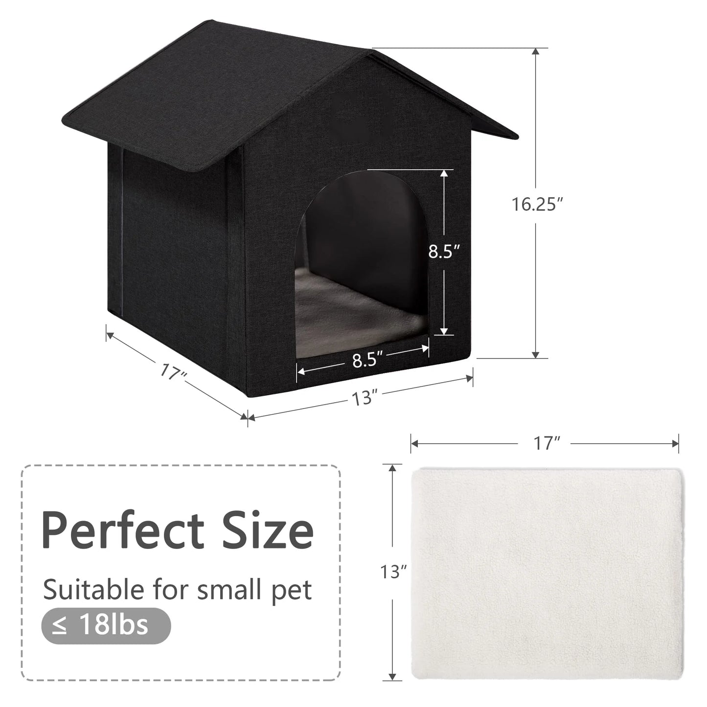 Waterproof Outdoor Cat House with Removable Cushion – 17" x 13" x 17" – All-Season Pet Shelter for Cats (Black)