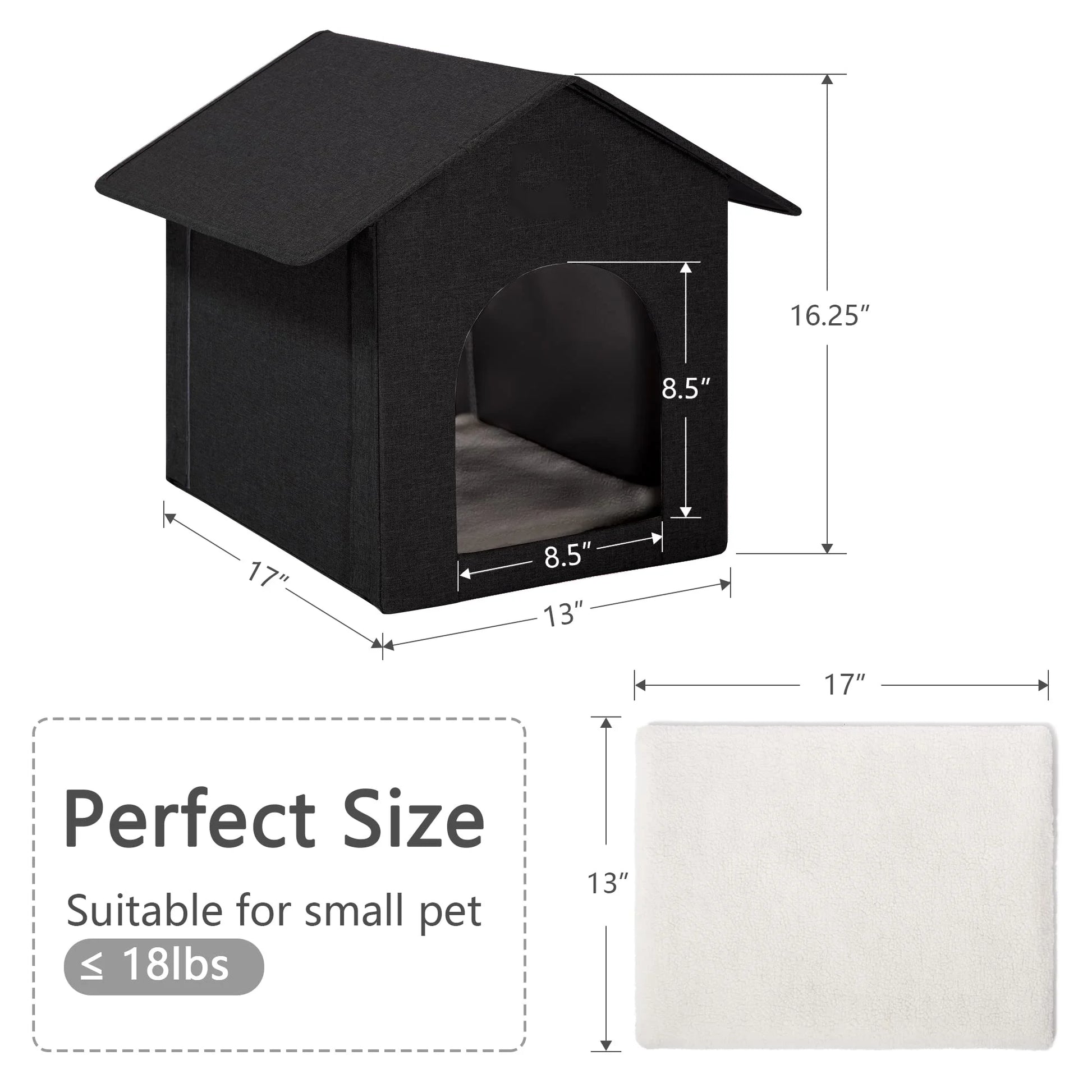 Waterproof Outdoor Cat House with Removable Cushion – 17" x 13" x 17" – All-Season Pet Shelter for Cats (Black)