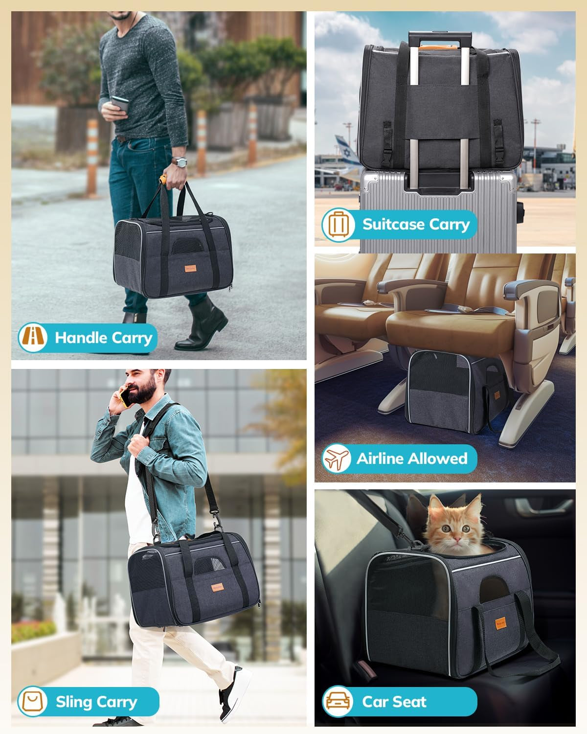 Premium Soft-Sided Cat Carrier for Large Cats- Airline Approved, Includes Foldable Bowl - Dark Gray
