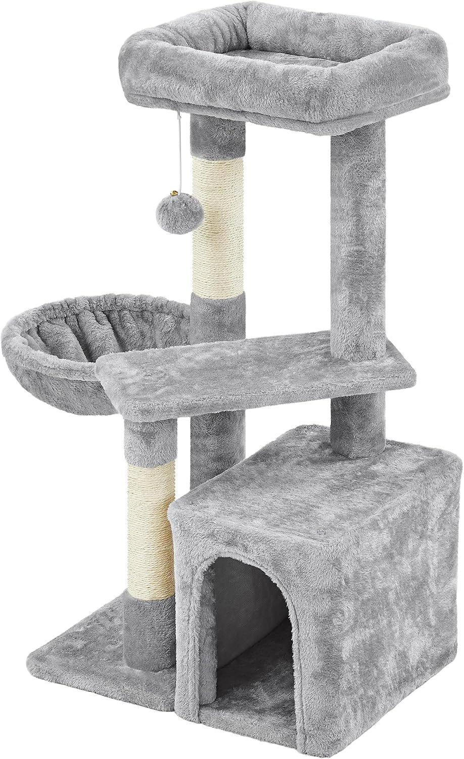 34" Multi-Level Cat Tree Tower with Condo, Basket, and Scratching Posts – Light Gray