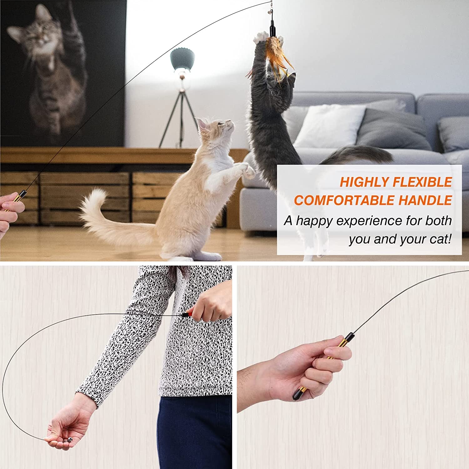 Feather Teaser Cat Toy – Interactive Wand with Natural Brown Feather and Small Bell