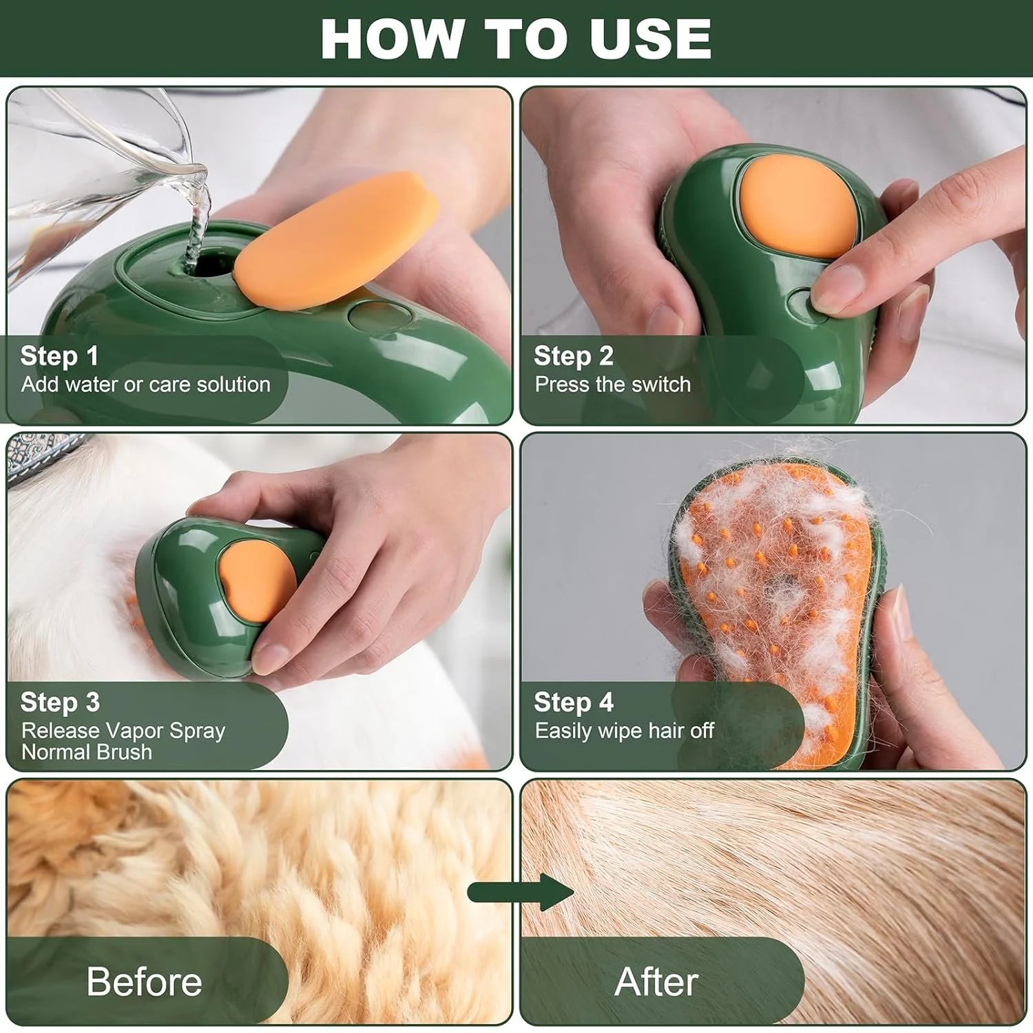 3-in-1 Cat Steam Brush for Shedding – Green