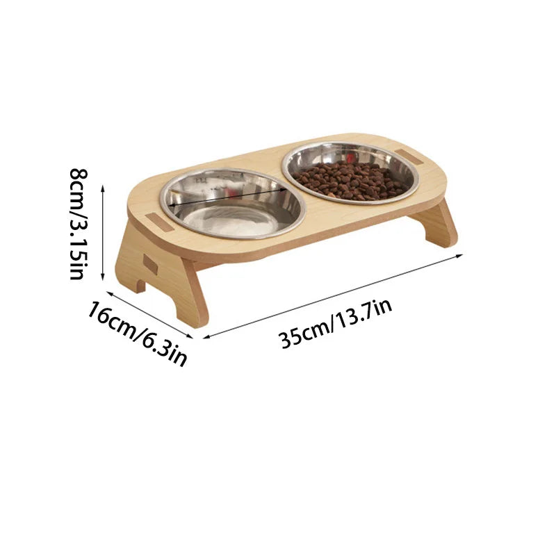 Double Plate Cat Bowl with Elevated Wooden Stand