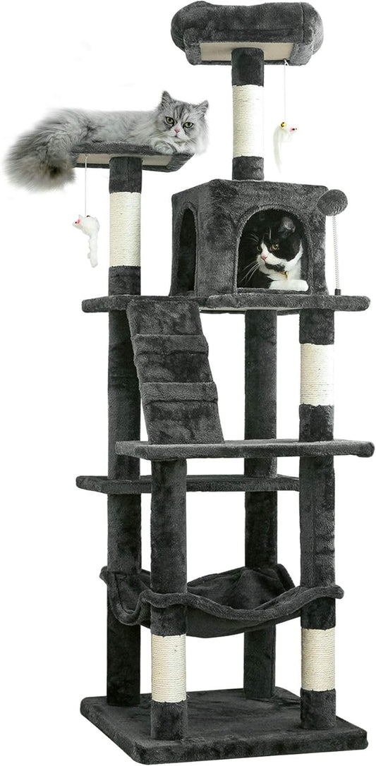 63.8-Inch Multi-Level Cat Tree Tower for your furry friend(s) – With Scratching Posts, Condo, Hammock & Perch (Smoky Gray)