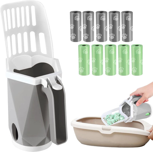 3-in-1 Cat Litter Scoop with Holder – Large Portable Scooper with 200 Refill Bags (Gray)