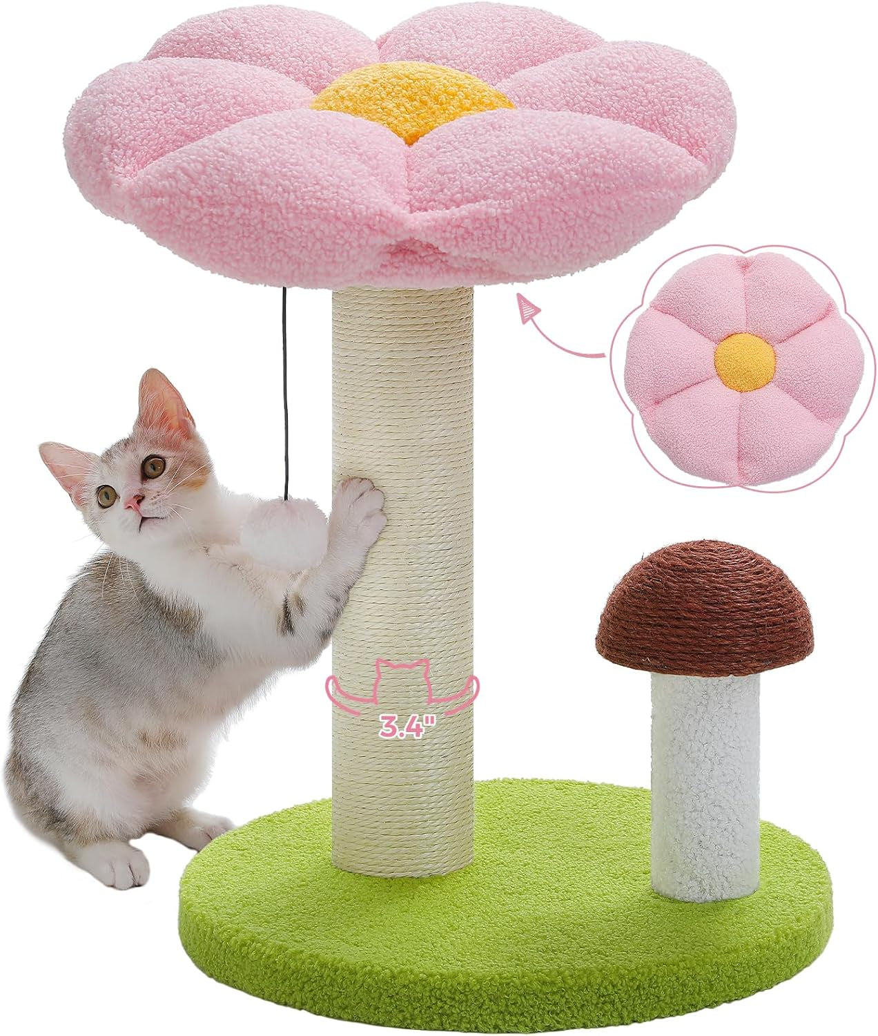 Mushroom & Flower Cat Scratching Post with Removable Bed – Cute Cat Tree Tower for Kittens & Indoor Cats