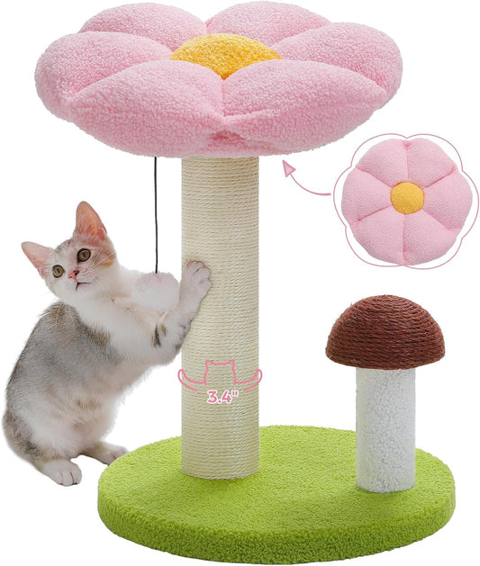Mushroom & Flower Cat Scratching Post with Removable Bed – Cute Cat Tree Tower for Kittens & Indoor Cats
